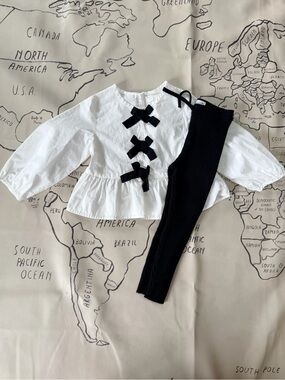 Zara White Top with Black Bow Accents & Black Ribbed Leggings